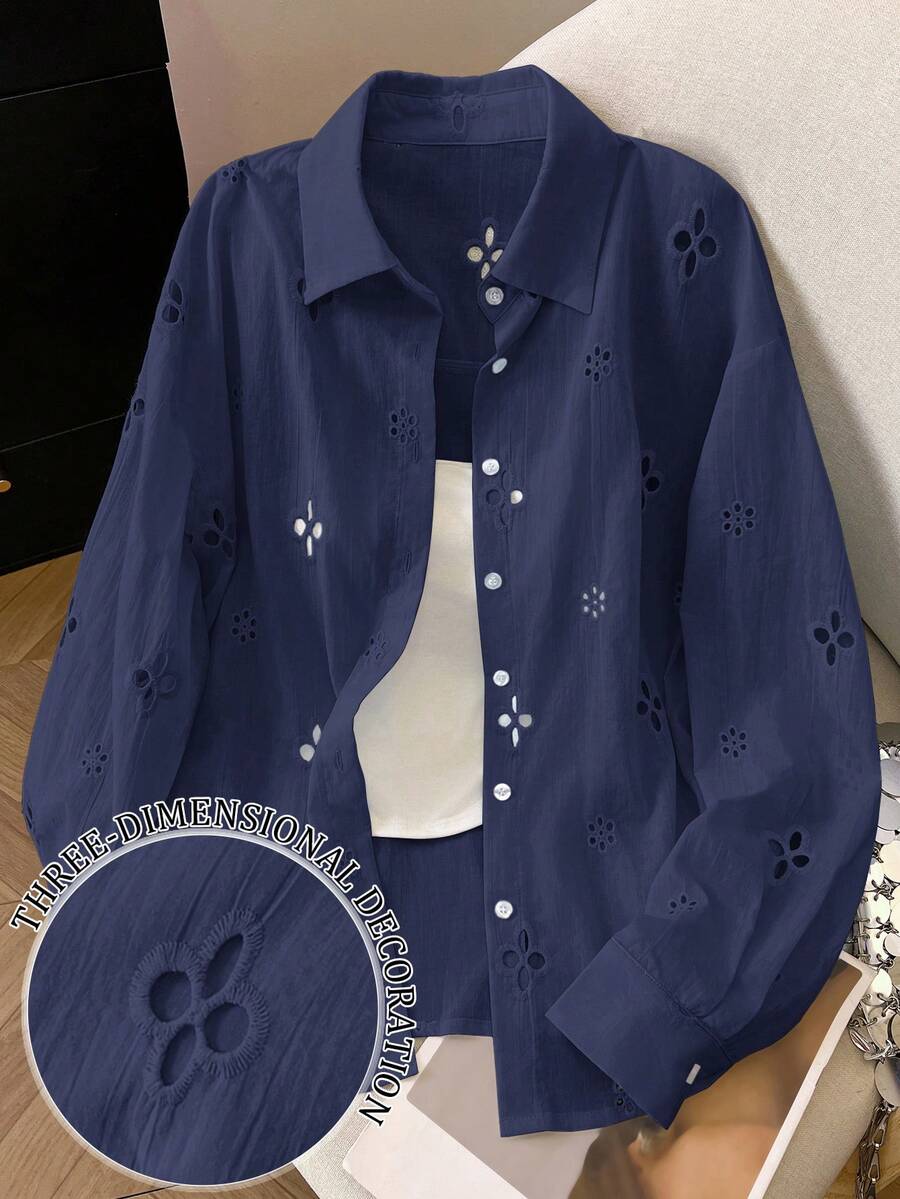 Airaco 女士镂空设计长袖单排扣休闲衬衫 - 藏蓝色 - 查看 1