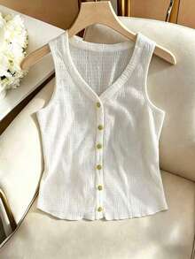 Airaco Women's V-Neck Casual White Gold Button Vest - Beige - View 3