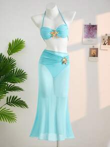 Veykashi Bộ bikini hai mảnh cỡ lớn dành cho nữ đi biển, trang trí hình sao biển kim loại, kiểu yếm, kèm áo khoác ngoài và váy ngắn. - Nhiều màu - Xem 2