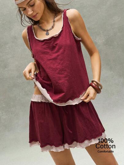 Bohemela Women's Versatile Contrast Color Tank Top And Drawstring Waist Shorts 2 Pieces Set