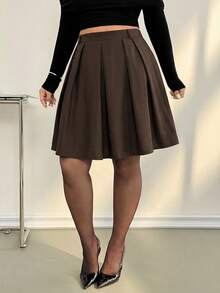 Auralis Spring/Autumn New Office Formal Lady Pleated Midi Skirt, Chocolate Brown Plaid Pattern, Elegant Commuter Style, Plus Size Back-To-School Fall - Brown - View 5