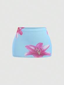 Sweetra Summer Women Vacation Style Printed Mini Skirt - Blue - View 3