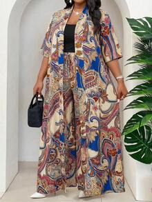 SHEIN Lady Bộ 2 món áo khoác dài và quần dài in họa tiết Paisley cỡ lớn. - Nhiều màu - Xem 3