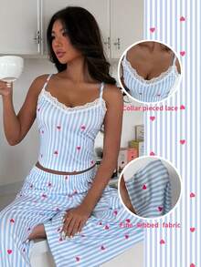 ZzzCrew Conjunto de pijama de mujer con estampado de corazones a rayas azules y blancas, camiseta de tirantes con cuello en V y encaje y pantalones largos - Azul - Ver 1