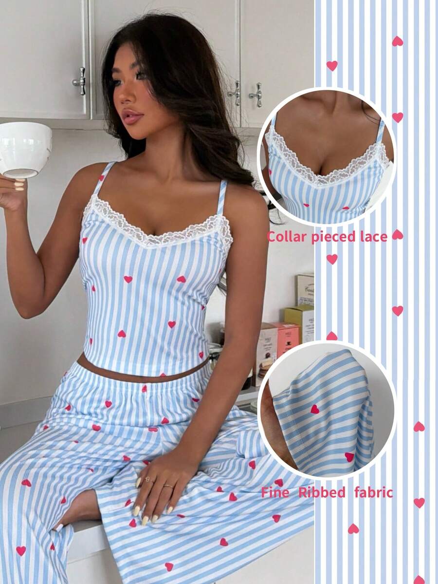 ZzzCrew Conjunto de pijama de mujer con estampado de corazones a rayas azules y blancas, camiseta de tirantes con cuello en V y encaje y pantalones largos - Azul - Ver 1