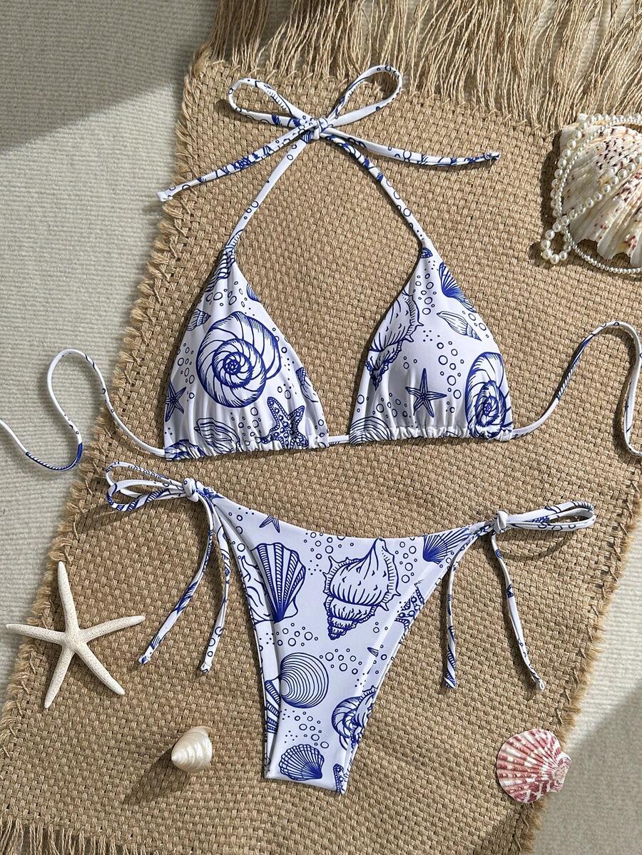 Swim Mod 女款夏季海灘海星印花掛脖綁帶性感比基尼兩件式泳衣套裝 - 彩色 - 查看 1