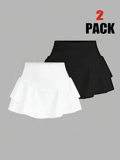 SHEIN Conjunto de 2 piezas de falda corta con short interior para niñas jóvenes, falda deportiva en color negro y blanco, conjunto de falda y short para niñas jóvenes, conjunto de faldas de tenis para niñas jóvenes