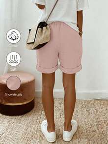 SHEIN Holidaya Quần short nữ mùa hè mới, chất liệu linen, kiểu dáng thường ngày, có dây rút ở eo và gấu quần được cuộn lên, mang đến vẻ ngoài thoải mái nhưng vẫn thanh lịch, phù hợp cho những buổi đi chơi hàng ngày, kỳ nghỉ hoặc những dịp thường nhật nhẹ nhàng. Đây là một món đồ đa năng trong dòng quần short thường ngày có dây rút, quần dài màu kaki thanh lịch và quần ống rộng ôm dáng. - Hồng - Xem 6