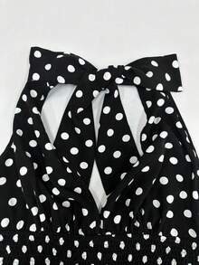 Sweetra CURVE Plus Size Women's Polka Dot Print Drawstring Waist Ruffle Hem Halter Neck Dress - Black and White - View 3