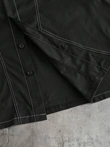AXEPEAK Men's Single-Breasted Mid-Sleeve Shirt And Long Pants Casual Daily Suit - Black - View 7