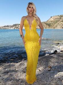 Luzma Cabello Luzma Cabello Vestido largo de verano para mujer, amarillo, sexy, con escote profundo en V, tela con flecos amarillos, diseño decorativo con cuentas de ámbar, elegante - Amarillo - Ver 1