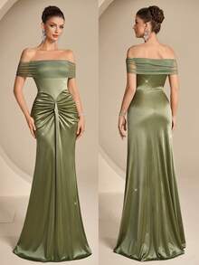 Coutiva Vestido de noche formal de sirena con hombros descubiertos (muy enjoyado) para mujer - Verde - Ver 1