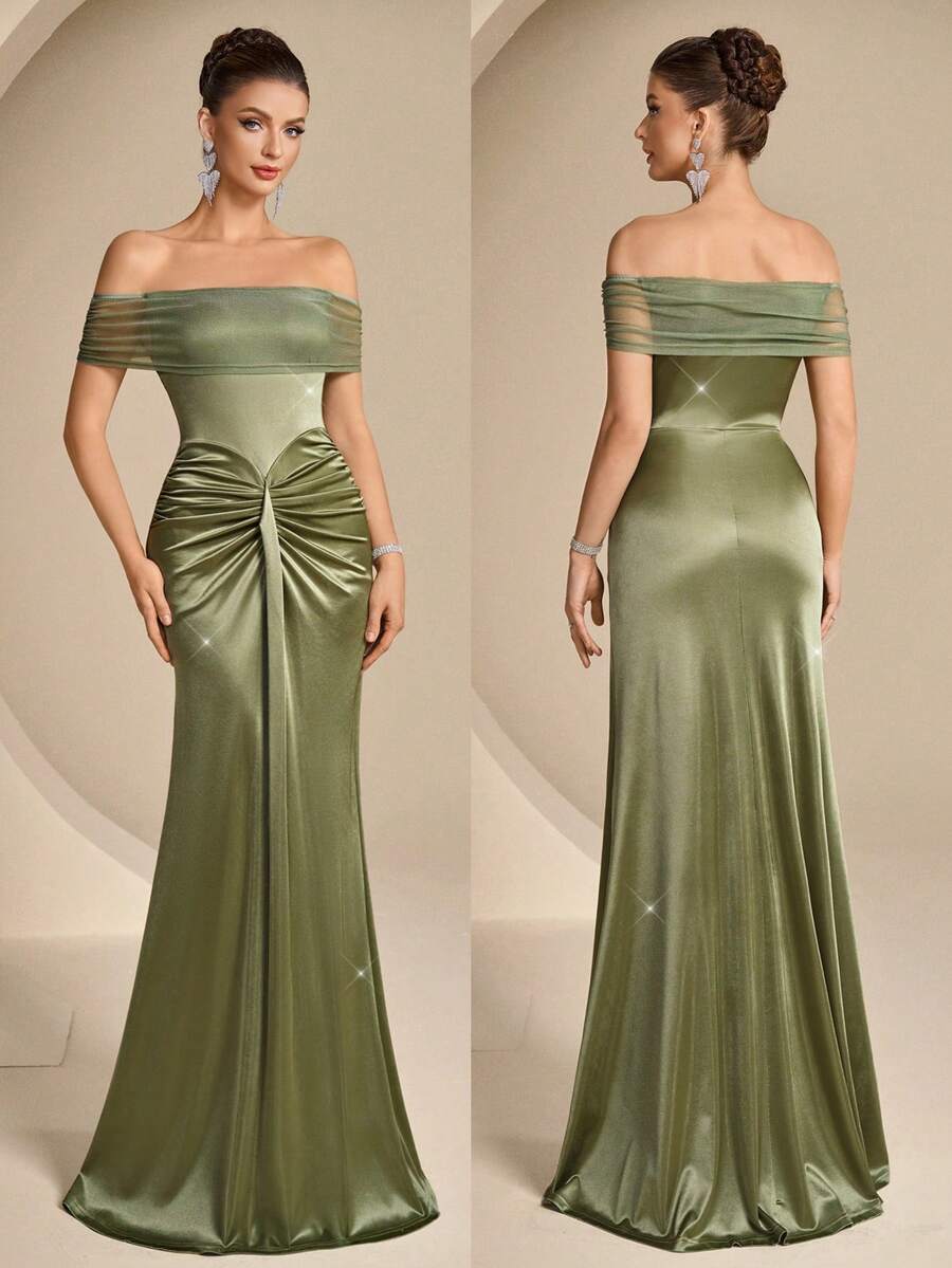 Coutiva Vestido de noche formal de sirena con hombros descubiertos (muy enjoyado) para mujer - Verde - Ver 1