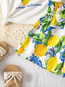 SHEIN Mädchen Set mit gelber Rüschen-Bluse und Zitronen-Muster Shorts, geeignet für den täglichen Gebrauch, Urlaub, Picknick, Party, Reisen und andere Anlässe - Gelb - Übersicht 7