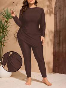 Swim Mulvari Plus Size Women 2pcs Solid Color Modest Middle East Style Long Sleeve & Long Pants Swimwear Set - Coffee Brown - View 1