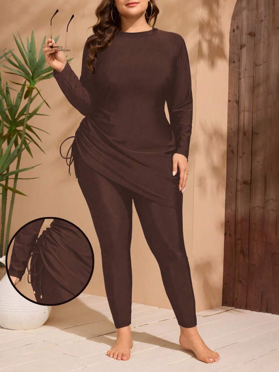 Swim Mulvari Plus Size Women 2pcs Solid Color Modest Middle East Style Long Sleeve & Long Pants Swimwear Set - Coffee Brown - View 1