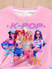 Niña adolescente Casual Chica de dibujos animados, Crema colorida rosa, Superestrella K-Pop, Estampado de grupo de chicas de dibujos animados, Camiseta de manga corta de cuello redondo holgada y pantalones para uso en casa, Adecuado para primavera y verano - Multicolor - Ver 4