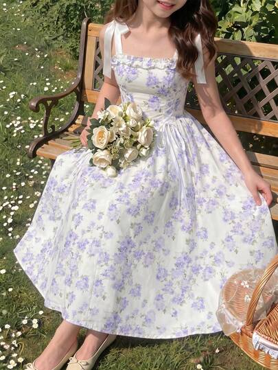 SHEIN Vestido de tirantes medio con decoración de lazo con estampado floral morado dulce para niña preadolescente, Vestido largo con estampado floral para niña preadolescente, Vestido de flores de verano para niñas, Vestido de vacaciones para niñas