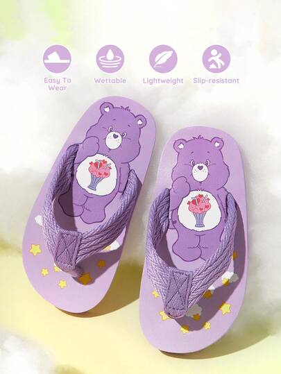 SHEIN X Care Bears Cute Cartoon Pink Baby Girls' Flip Flops, EVA Material Lightweight, Suitable For Outdoor Or Beach Use