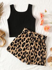 Emery Rose Kids Emery Rose Kids Set de 2 piezas: Top de tirantes negro con estampado de leopardo y shorts de cintura de bolsa de papel para niñas preadolescentes - Marrón - Ver 2