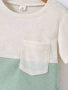 SHEIN 2pcs/Set Young Boy Crew Neck Color Block Short Sleeve T-Shirt And Shorts, Casual Daily Wear - Green - View 3