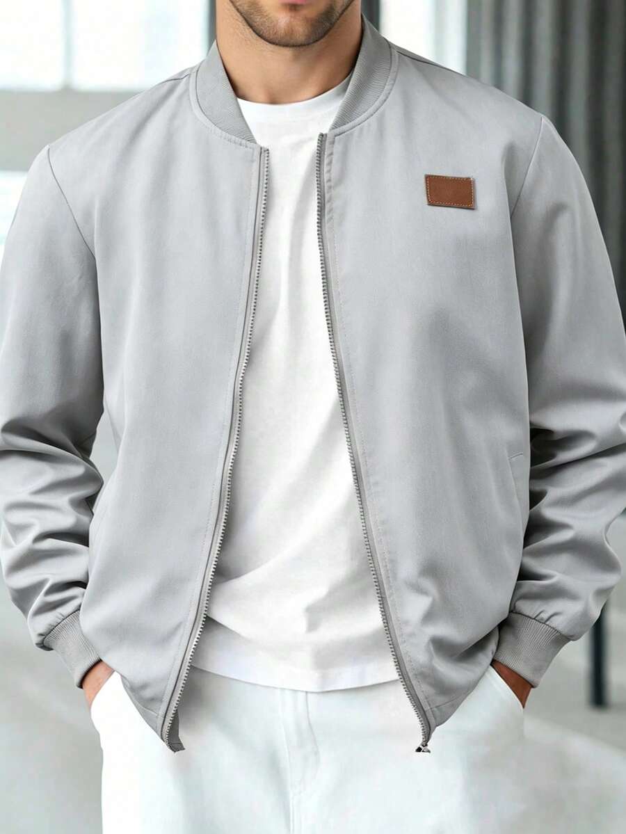 Manfinity Homme 男士棒球领拉链休闲百搭日常长袖外套 - 淺灰色 - 查看 1