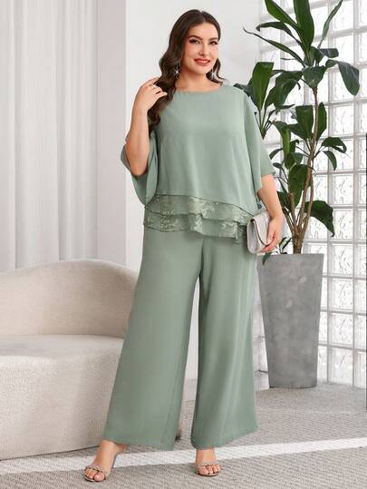 Reflora Plus Size Women's Round Neck Contrast Lace Hem Blouse And Wide Leg Pants Elegant 2-Piece Set