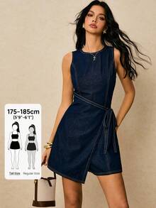 SHEIN Tall Bộ áo liền quần denim không tay cổ tròn thắt eo dành cho nữ, trang phục thường ngày thoải mái đi biển và nghỉ mát thanh lịch cho nữ. Bộ áo liền quần denim không tay thắt eo kiểu quấn dành cho nữ mùa hè, trang phục thường ngày thoải mái đi nghỉ mát. - Rửa tối - Xem 1