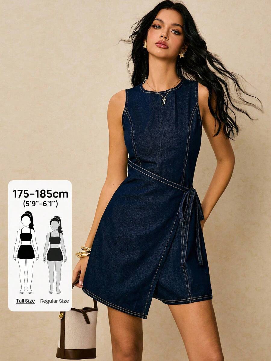 SHEIN Tall Bộ áo liền quần denim không tay cổ tròn thắt eo dành cho nữ, trang phục thường ngày thoải mái đi biển và nghỉ mát thanh lịch cho nữ. Bộ áo liền quần denim không tay thắt eo kiểu quấn dành cho nữ mùa hè, trang phục thường ngày thoải mái đi nghỉ mát. - Rửa tối - Xem 1
