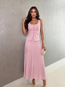 Structelle Women's Elegant Commuter Day Party Summer Set, Soft Pink Knit Cardigan With Metal Buttons Sleeveless Top + Pleated Skirt - Pink - View 5