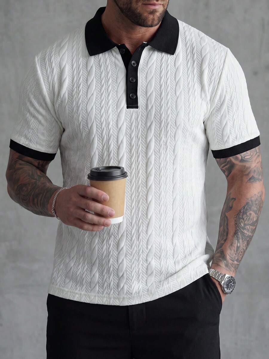 Manfinity Homme 经典黑白条纹加长款 Polo 衫,时尚纹理面料,适合休闲、居家、通勤穿着,是送给男友或丈夫的绝佳礼物,男士白色纹理 Polo 衫 - 白色 - 查看 1