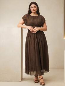 Anewsta Vestido elegante y moderno con textura y pliegues en la cintura para mujeres de talla grande - Café integral - Ver 3