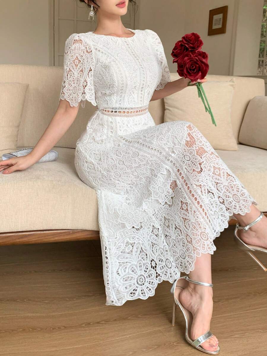 DAZY Đầm midi ren ôm dáng thanh lịch dành cho nữ, thích hợp cho mùa xuân và mùa hè. - Màu be - Xem 1