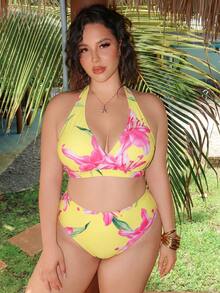 Swim Oasis 大尺碼女款 3 件組性感掛脖隨機數位印花海灘/泳池休閒優雅泳裝套裝 - 淡黃色 - 查看 3