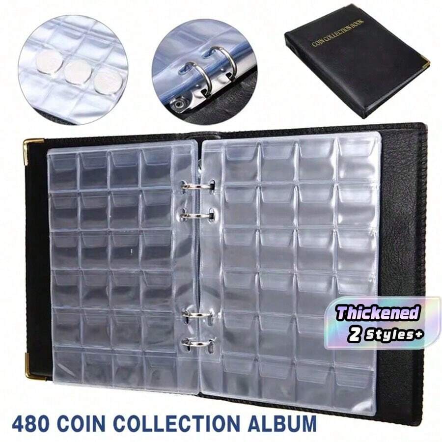 Álbum de colección de monedas de gran capacidad de 480 piezas, libro de almacenamiento de monedas conmemorativas con carpeta de hojas sueltas - Negro - Ver 1