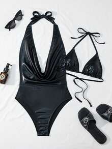 Swim SXY Bộ bikini hở lưng, buộc dây phía trước, chất liệu ánh vàng, đồ bơi gợi cảm dành cho nữ. - màu đen - Xem 4