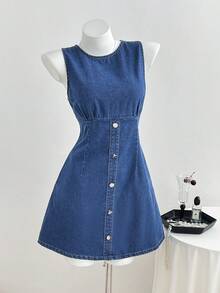 Elamini Đầm denim xanh khoét lỗ thời trang dã ngoại dành cho nữ, cài nút và thắt nơ, thích hợp cho mùa xuân/hè. - Rửa trung bình - Xem 2