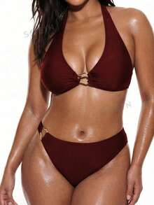 Oceva Conjunto de banho feminino plus size de cor lisa com top sexy para discoteca e tanga bikini a condizer - Borgonha - Ver 4