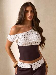 SHEIN BAE Áo kiểu nữ màu nâu chấm bi phối vải, thích hợp cho các hoạt động giải trí, mặc hàng ngày, đi chơi, áo kiểu chấm bi phối vải, áo cổ lệch, áo đi làm, thích hợp cho công sở, áo kiểu chấm bi phối vải màu nâu. - Rỉ Nâu - Xem 5