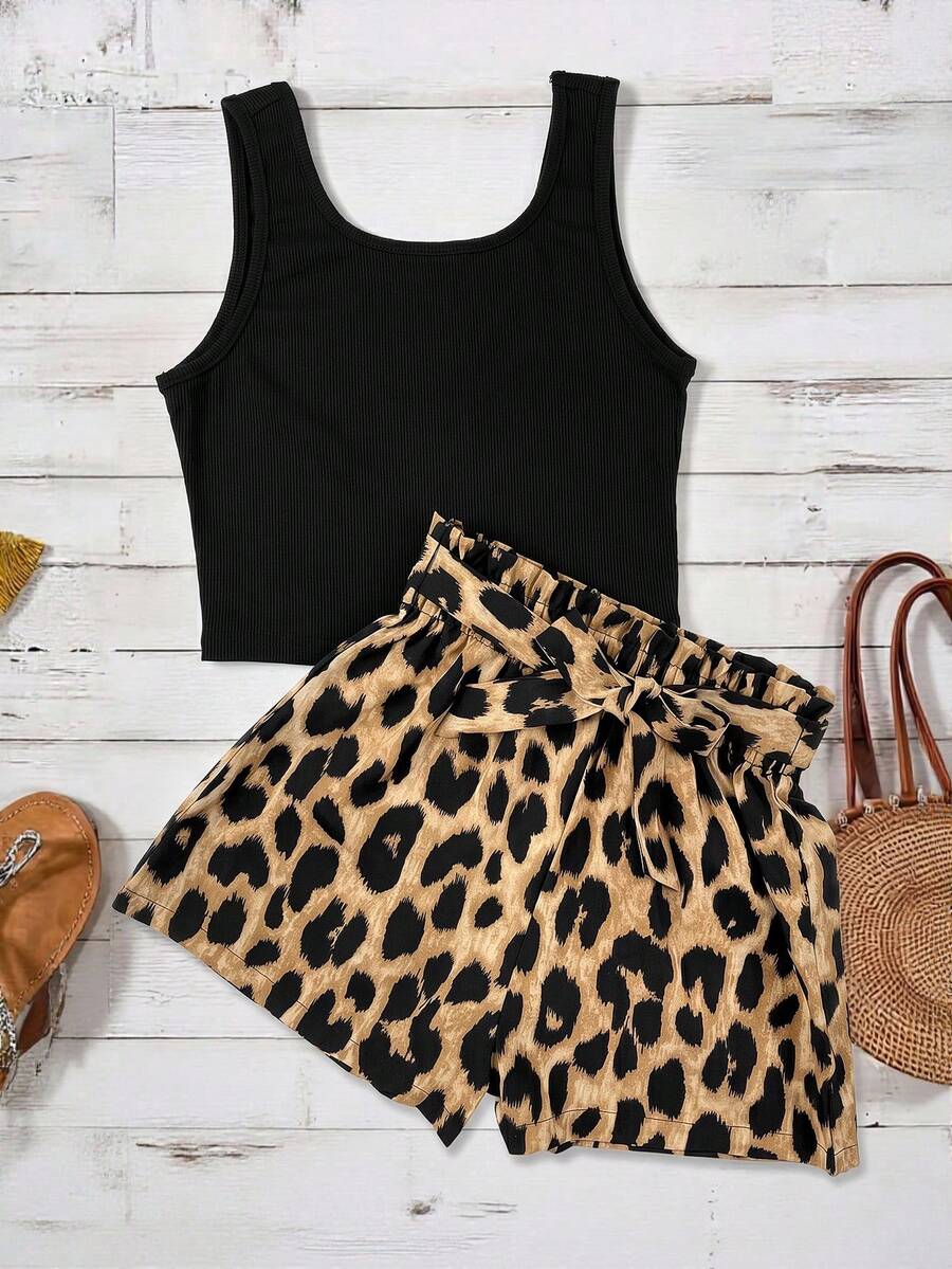 Emery Rose Kids Emery Rose Kids Set de 2 piezas: Top de tirantes negro con estampado de leopardo y shorts de cintura de bolsa de papel para niñas preadolescentes - Marrón - Ver 1