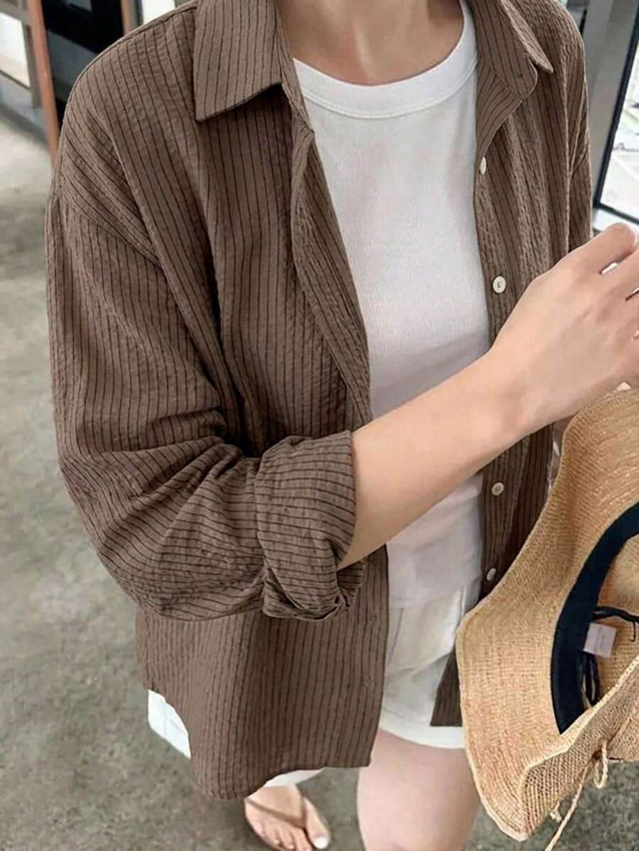 Dazy Plus 女款寬鬆翻領棕色休閒基本款大尺碼長袖罩衫,適合教師節、度假、郵輪、秋季 - 咖啡棕 - 查看 1