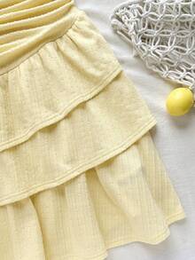 SHEIN Tween Girls' Pale Yellow Summer Cute Vacation Holiday Casual Minimalist Comfortable Textured Knit Fabric Layered Ruffle Trim Tube Top Dress - Yellow - View 7