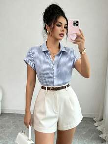 Franclia Bộ đồ nữ 2 mảnh phối màu kẻ sọc, cổ áo xếp ly eo, tay ngắn. - Màu xanh lam - Xem 7