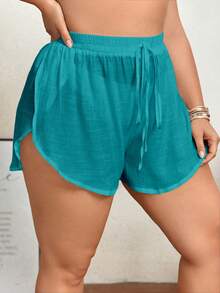 SHEIN Swim Curve Quần short và áo khoác ngoài cỡ lớn, màu trơn, cạp chun, chất liệu xuyên thấu, xẻ tà. - Màu xanh ngọc - Xem 3