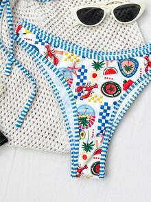 Bonvoyette Bộ 2 món bikini in họa tiết động vật biển, dây mảnh, có gọng nâng ngực, khóa sau, viền tương phản, thích hợp cho kỳ nghỉ, dành cho nữ. - Nhiều màu - Xem 5