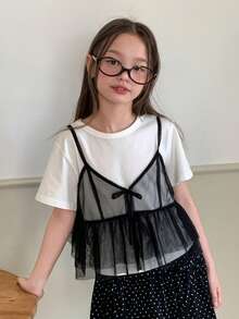 Dazy Kids Blusa de verano informal para niñas preadolescentes con decoración de lazo, volantes y tela de malla transparente - Negro - Ver 8