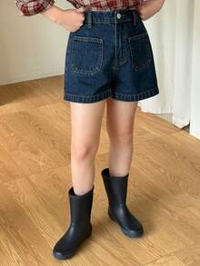 Dazy Kids 大码女童休闲水洗牛仔短裤 - 深色水洗藍 - 查看 4