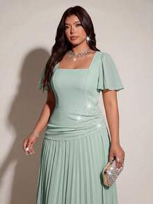 Viva Relle Plus Size Women's Sage Green Summer Elegant Wedding Guest Dress,Luxury Square Neck Short Ruffle Sleeve Rhinestone Pleated Long Formal Dress - Green - View 5