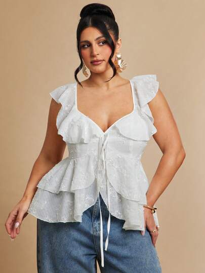 SHEIN BAE Plus Size Women's White Textured Multi-Layer Ruffle Camisole Top, Elegant & Sexy Blouse