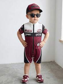 SHEIN 1件 嬰兒/幼兒男嬰夏季連身褲 可愛賽車字母徽章印花拉鍊連身衣 酒紅色對比色 度假外出穿搭 - 酒紅色 - 查看 8